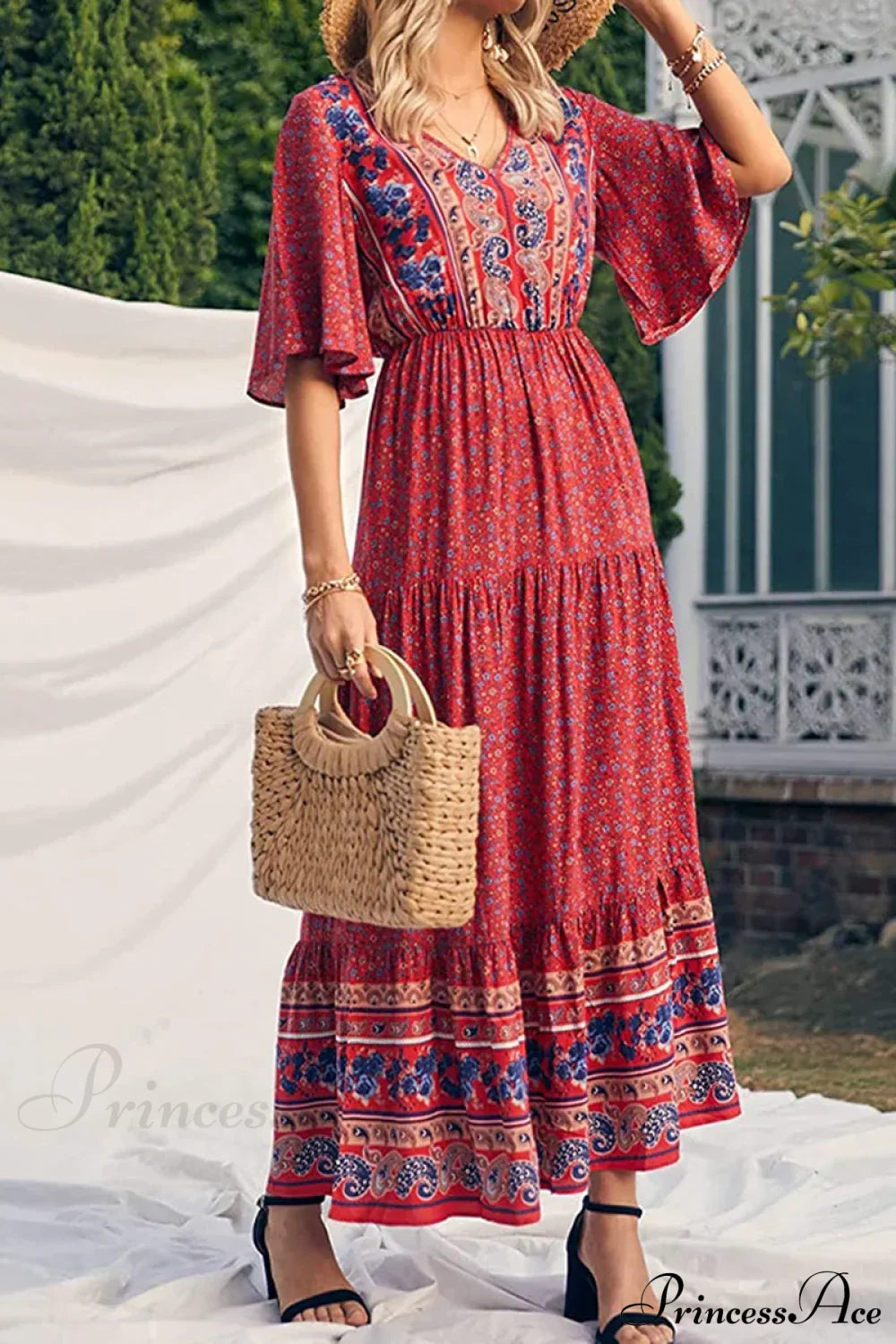 Retro Floral Print V-neck Boho Sundress Red / S bohodress-250126