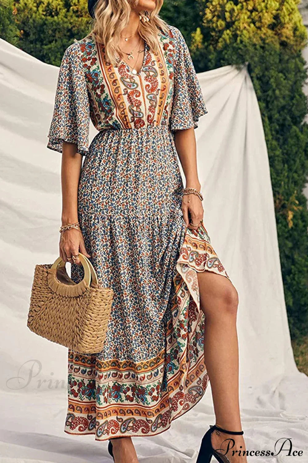 Retro Floral Print V-neck Boho Sundress Yellow / S bohodress-250126