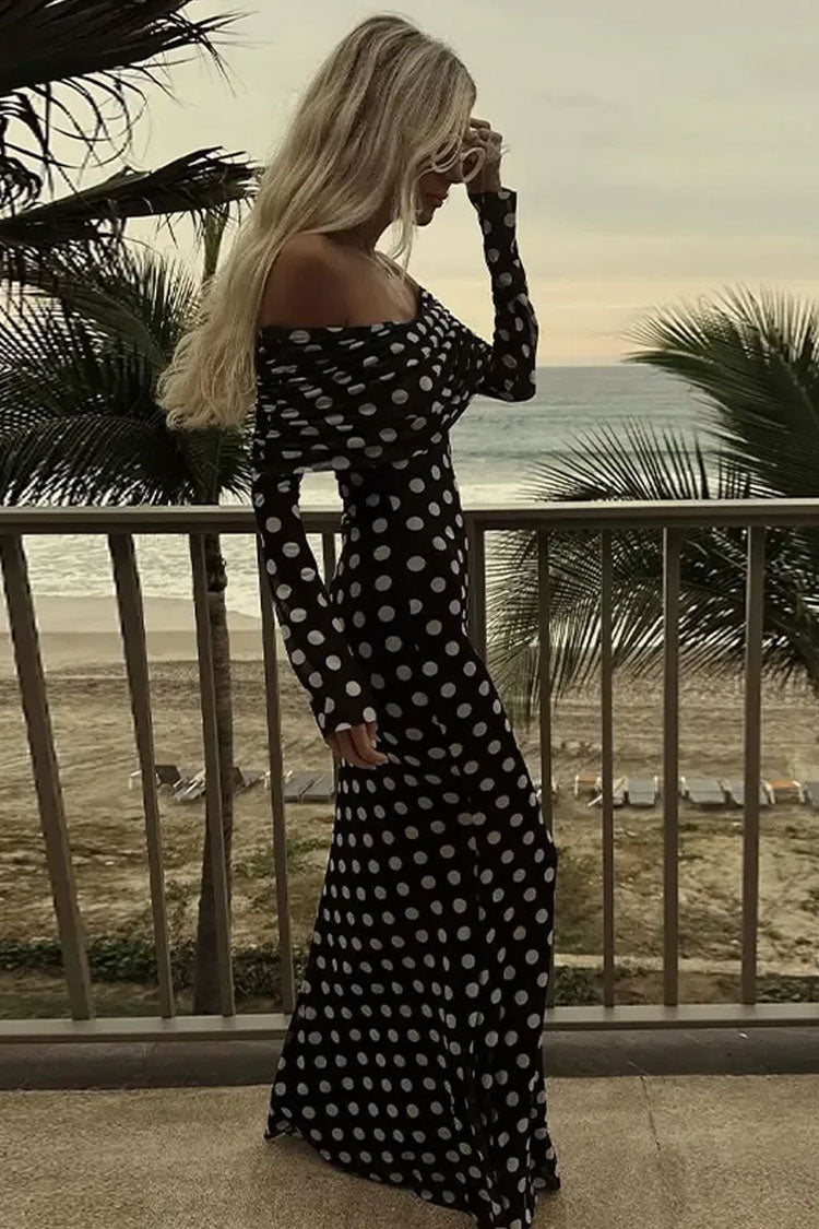 Retro Polka Dot Mesh Foldover Off Shoulder Long Sleeve Formal Maxi Dress