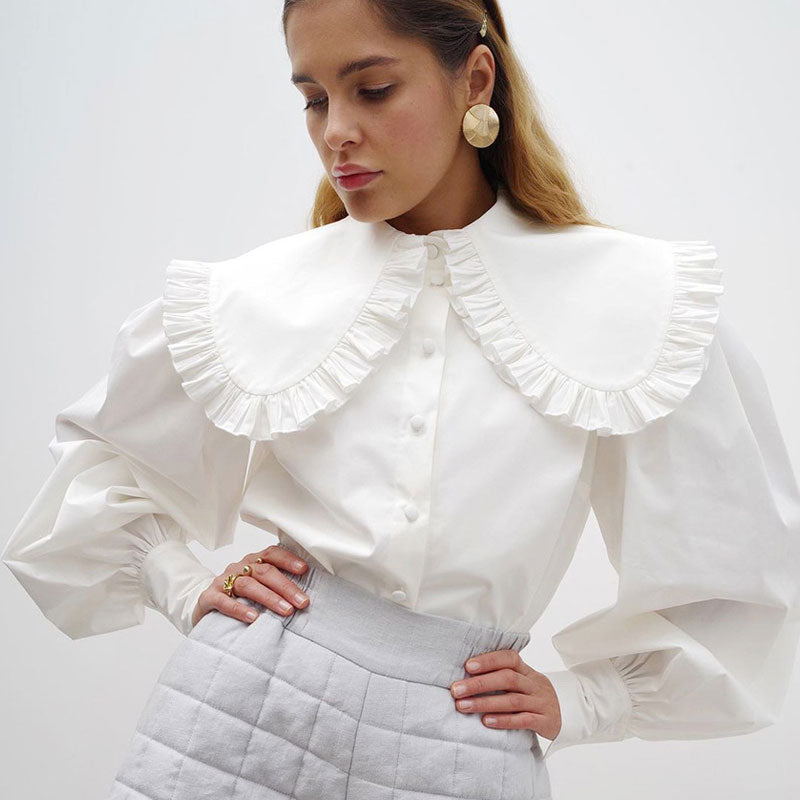 Retro Ruched Ruffle Peter Pan Collar Button Up Bishop Sleeve Blouse - White