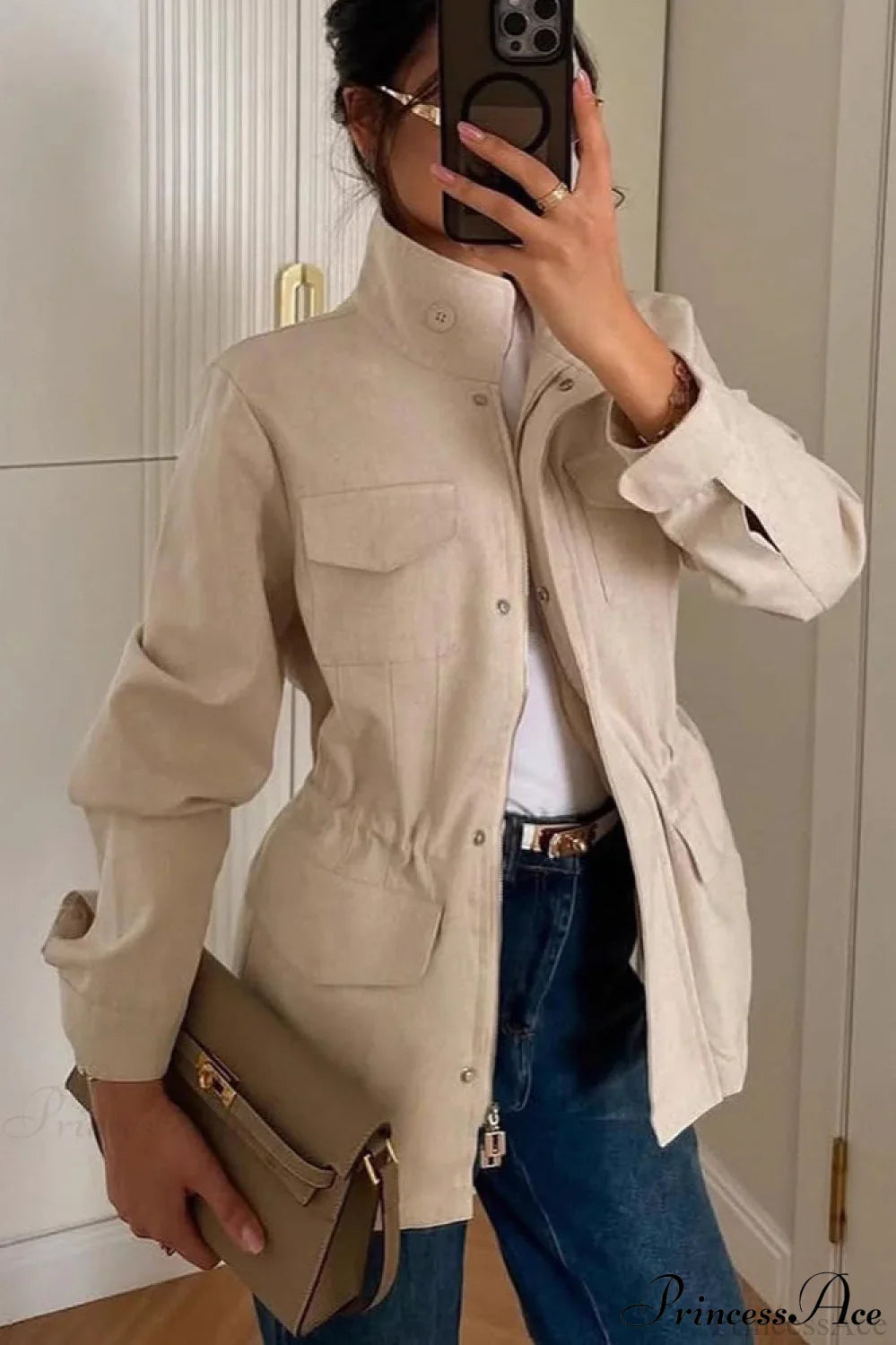 Retro Solid Collared Elastic-Waist Long-Sleeve Trench Jacket