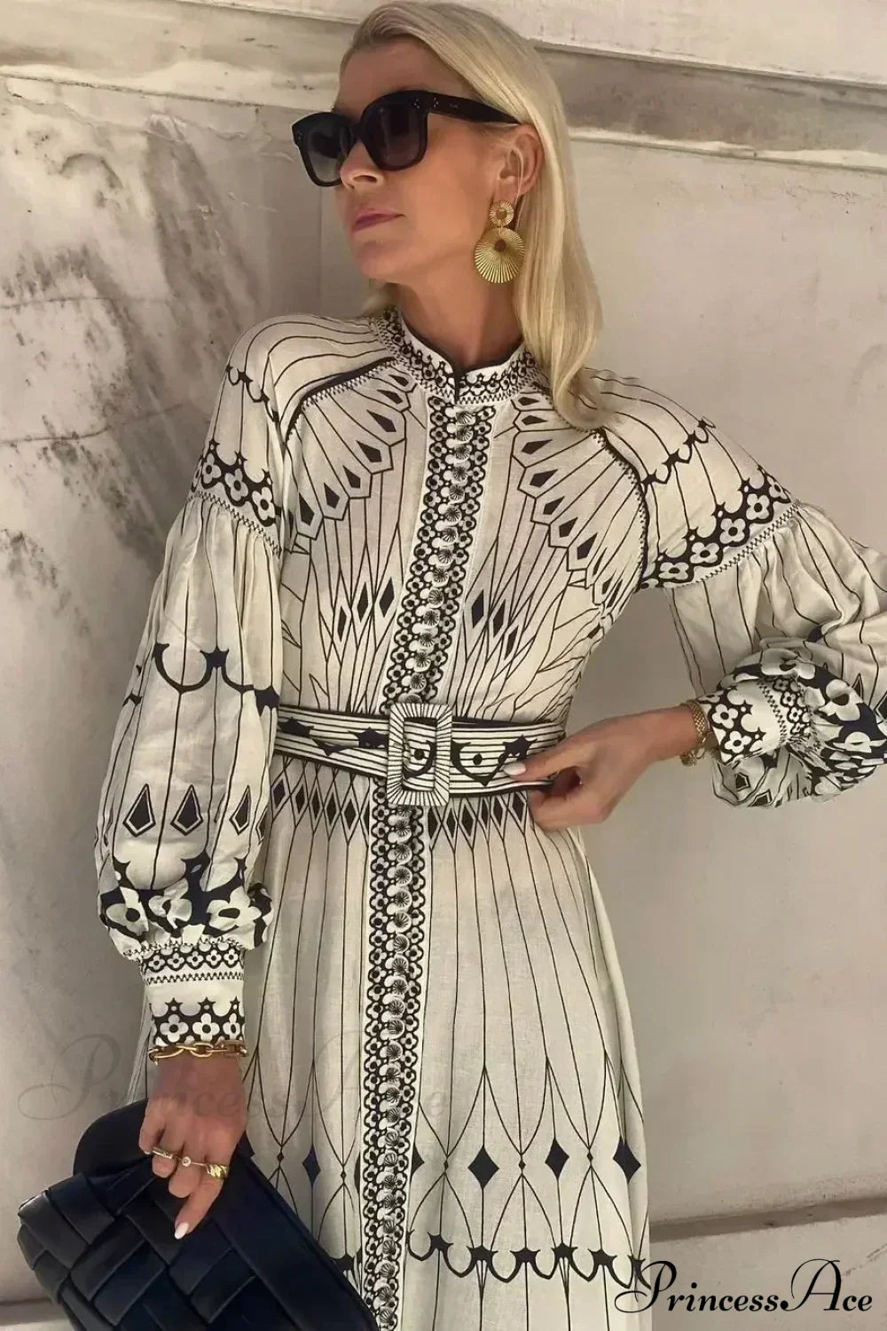 Retro Stand Collar Belted Boho Dress Beige / S bohodress-250126