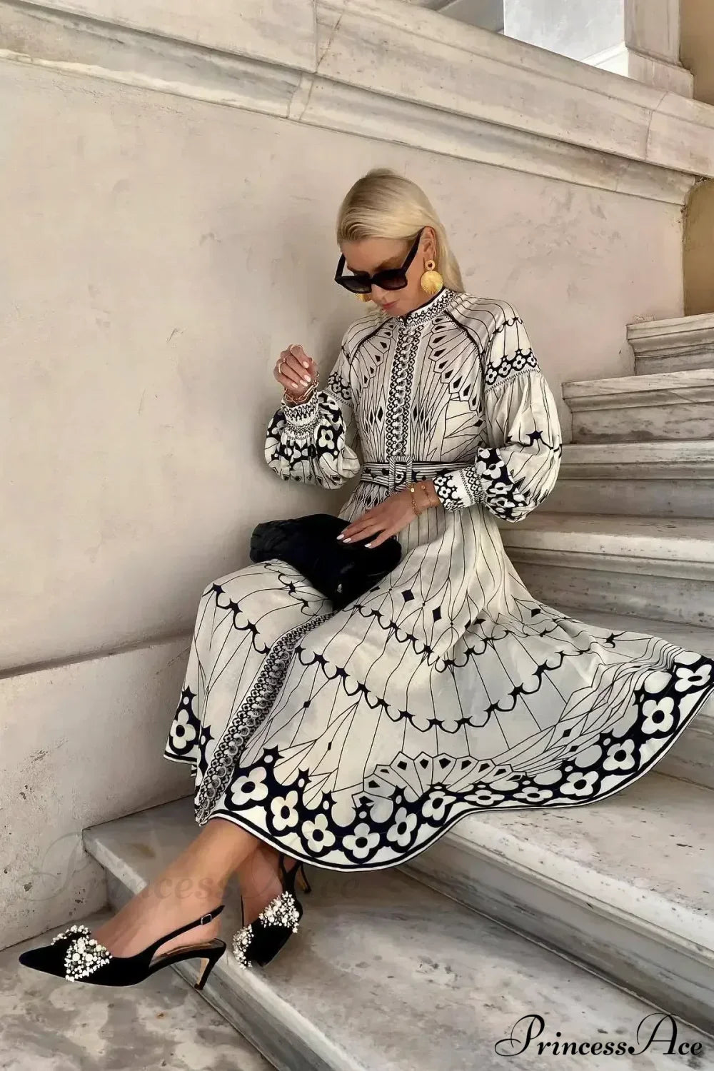 Retro Stand Collar Belted Boho Dress