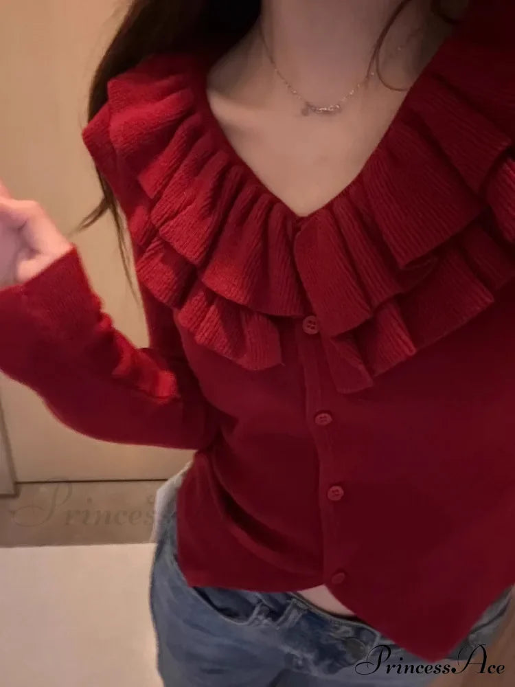 Retro U-Neck Ruffles Knitted Slim Fit Long Sleeve Cardigan Christmas Sweater