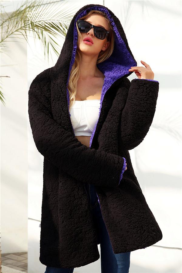 Reversible Thick Faux Lambswool Jacket in Purple and Black