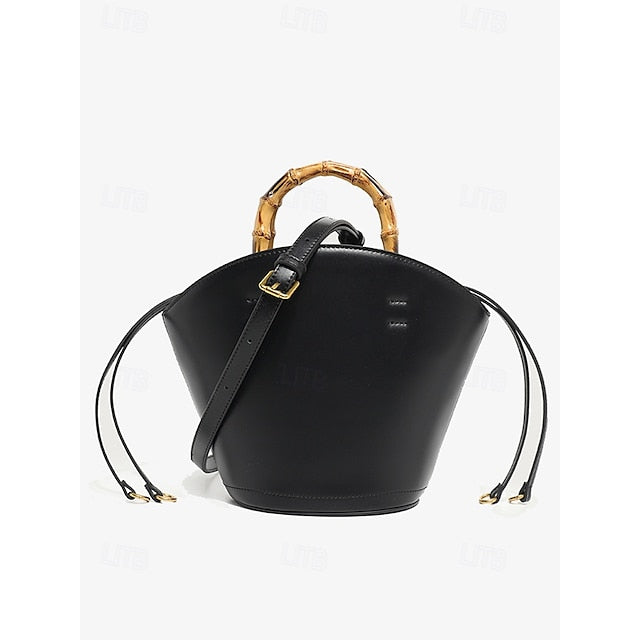 Bamboo with Leather Bag Handle Bucket Brown