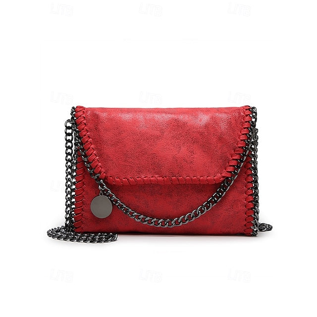 Leather Faux Bag with Chain Red Whipstitch Shoulder Detailing