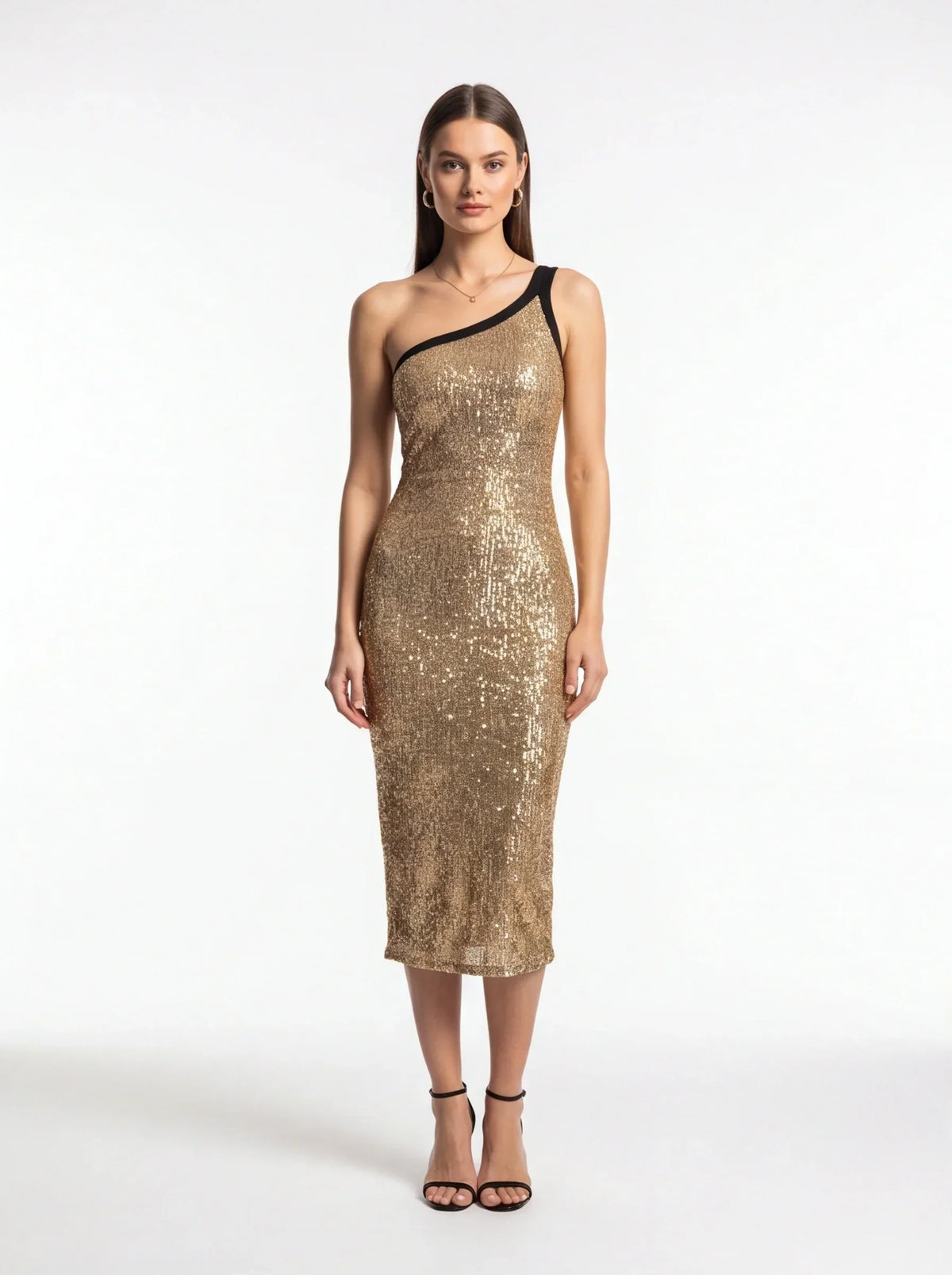 Sequin One Shoulder Bodycon Midi Dress in Gold - View 3