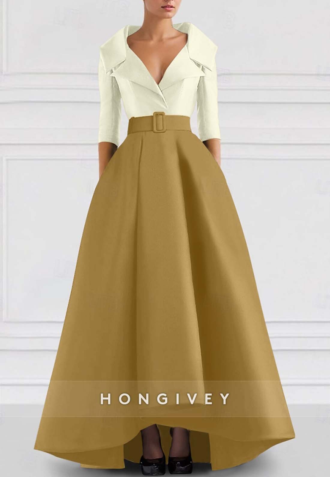 A-line Asymmetrical Evening Gown V Neck Half Sleeve Pockets Pleated Waistband Mother of the Bride