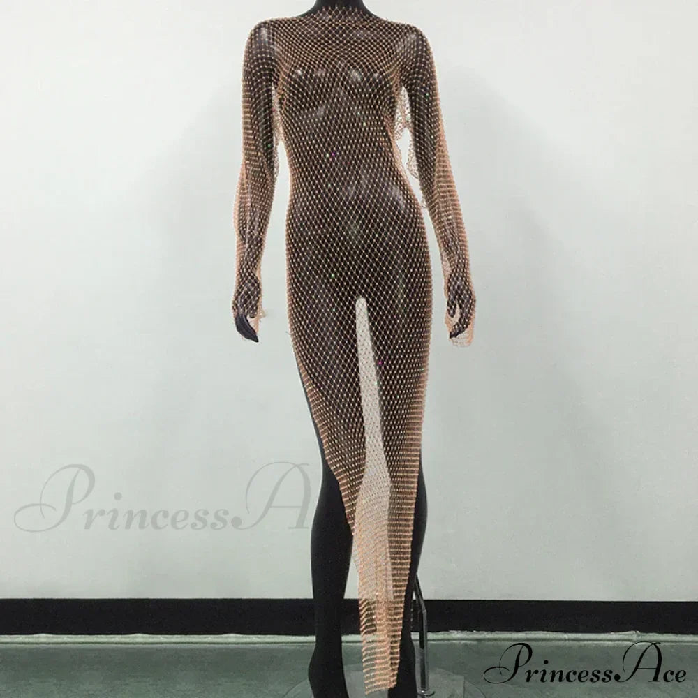 Rhinestone Fishnet Long Sleeve Party Dress Skin Color Split / One Size Partydress-241208