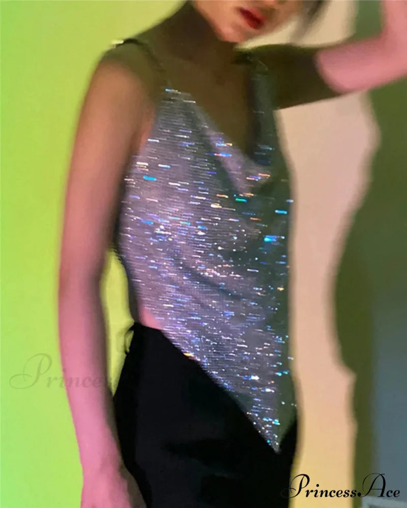 Sequin Chainmail Plunge Cowl Neck Backless Dress