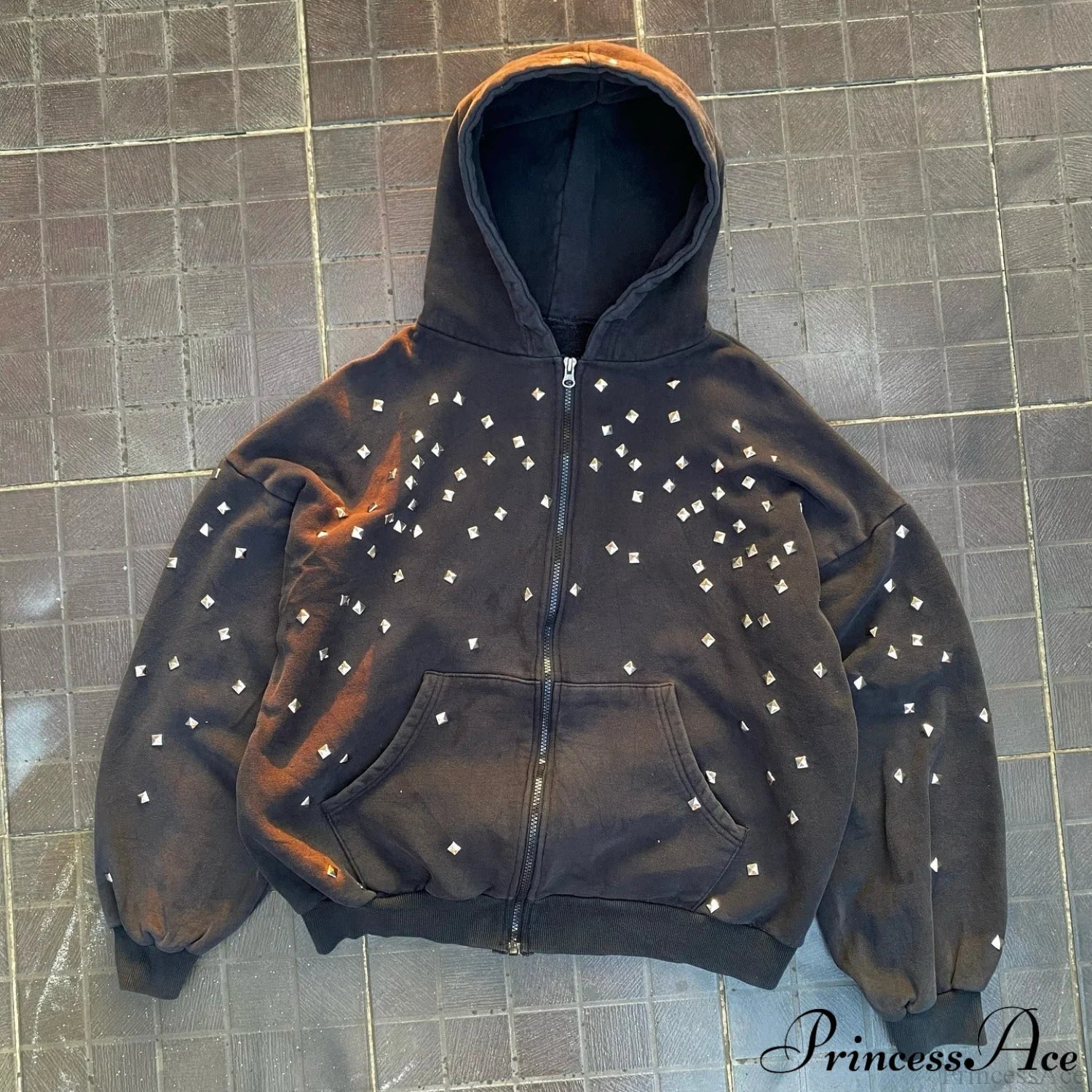 Rhinestone Zip-Up Street Hip-Hop Hoodie Black / S