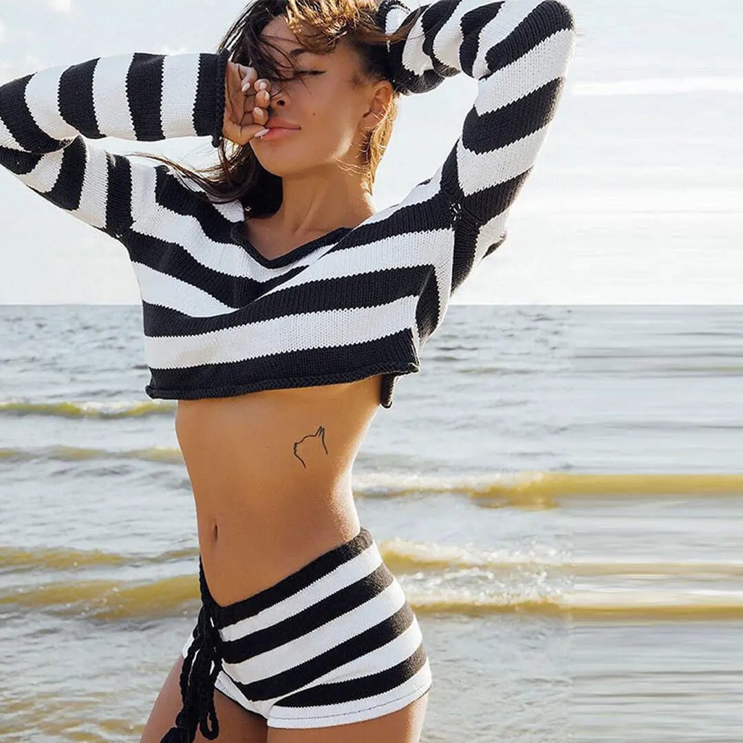 Rib Knit Long Sleeve Versatile Crop Top Short Matching Set - Stripe  Fashionpara