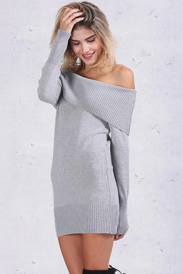 Ribbed Off Shoulder Mini Sweater Dress in Gray for Elegance