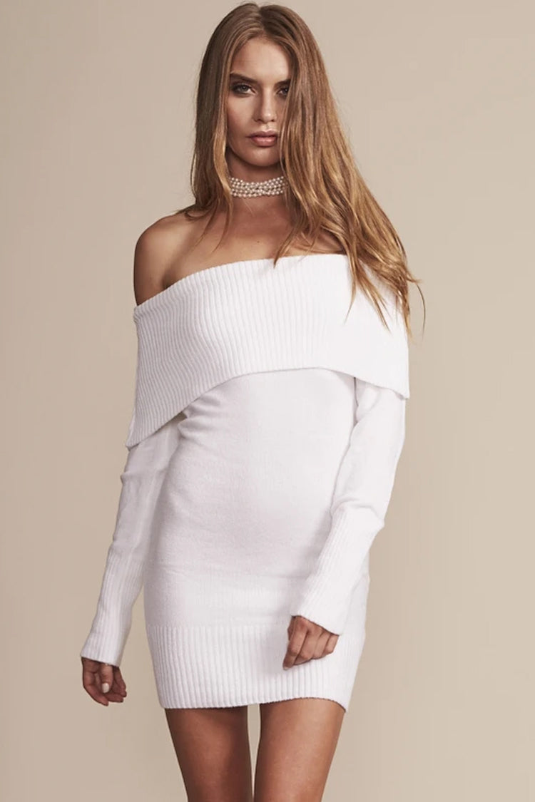 Ribbed Off Shoulder Mini Sweater Dress in Classic White
