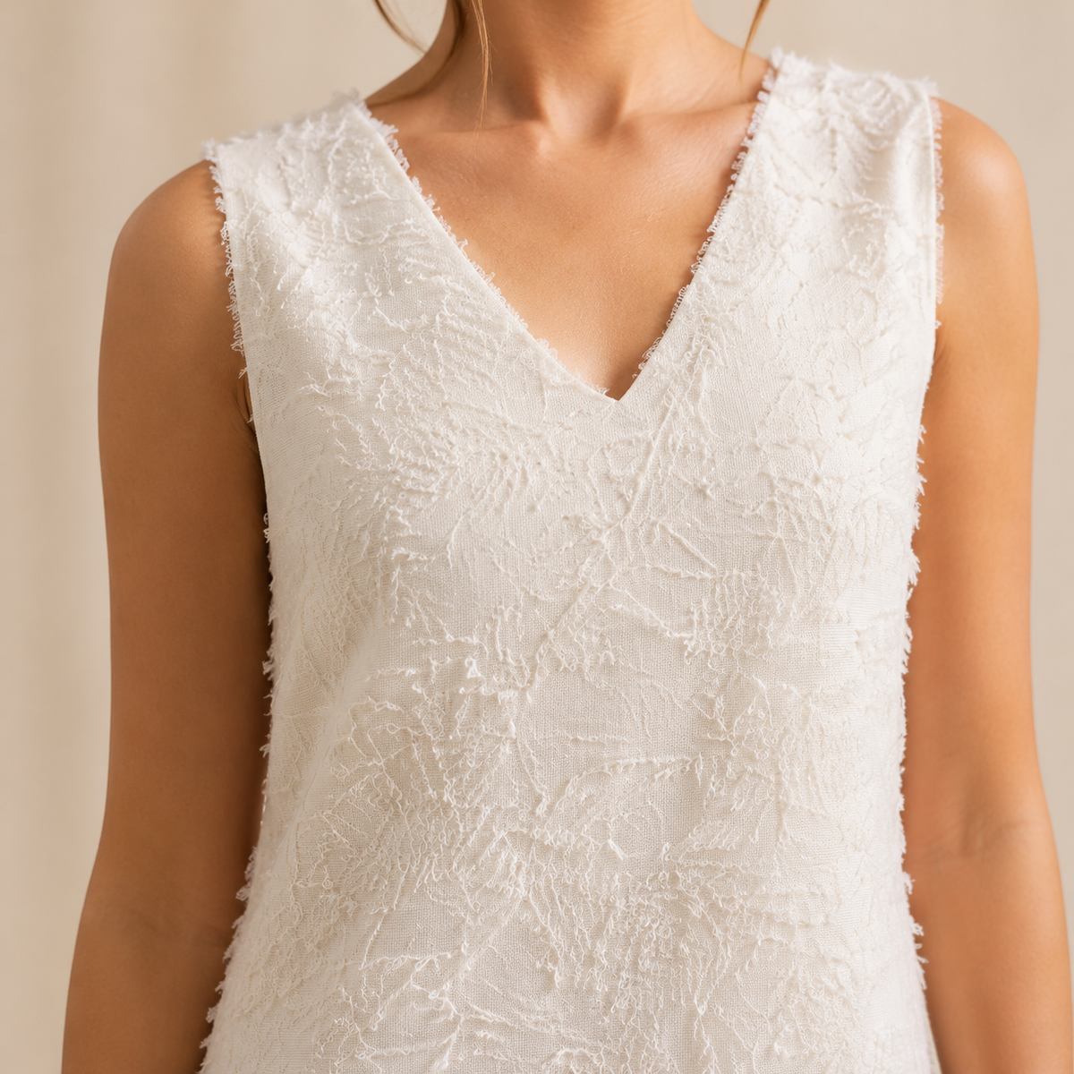 V-Neck Sleeveless Textured Fringe Shift Midi Dress 2