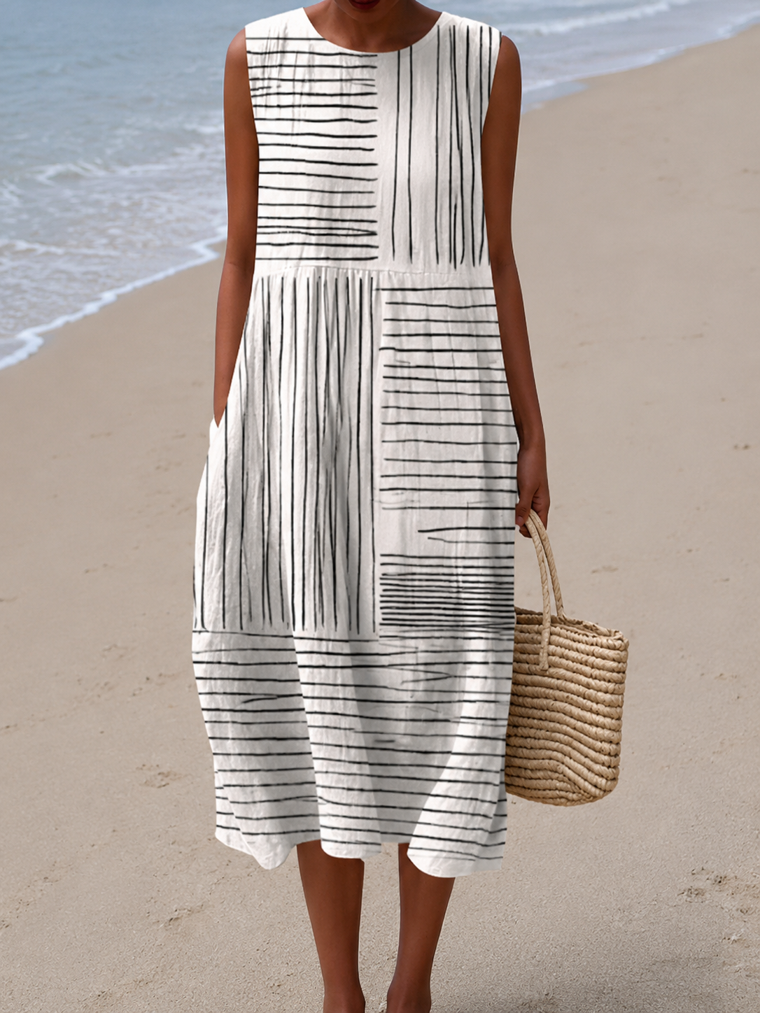 Crew Neck Sleeveless Abstract Line Print Pocket Midi Dress