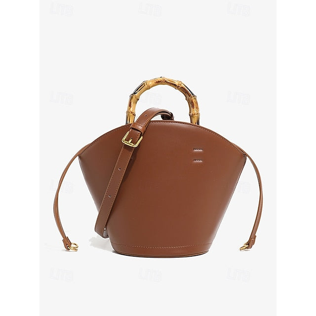 Bucket Bag Bamboo Handle Leather Brown with