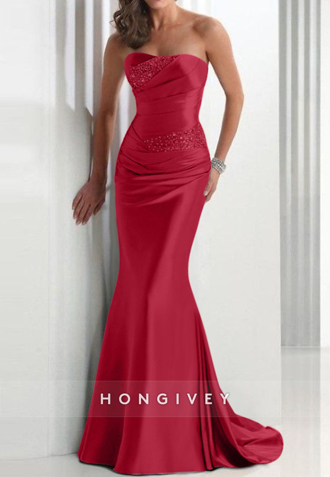 Sweep Train Trumpet Sweetheart Strapless Pleated Appliqued Evening Gowns