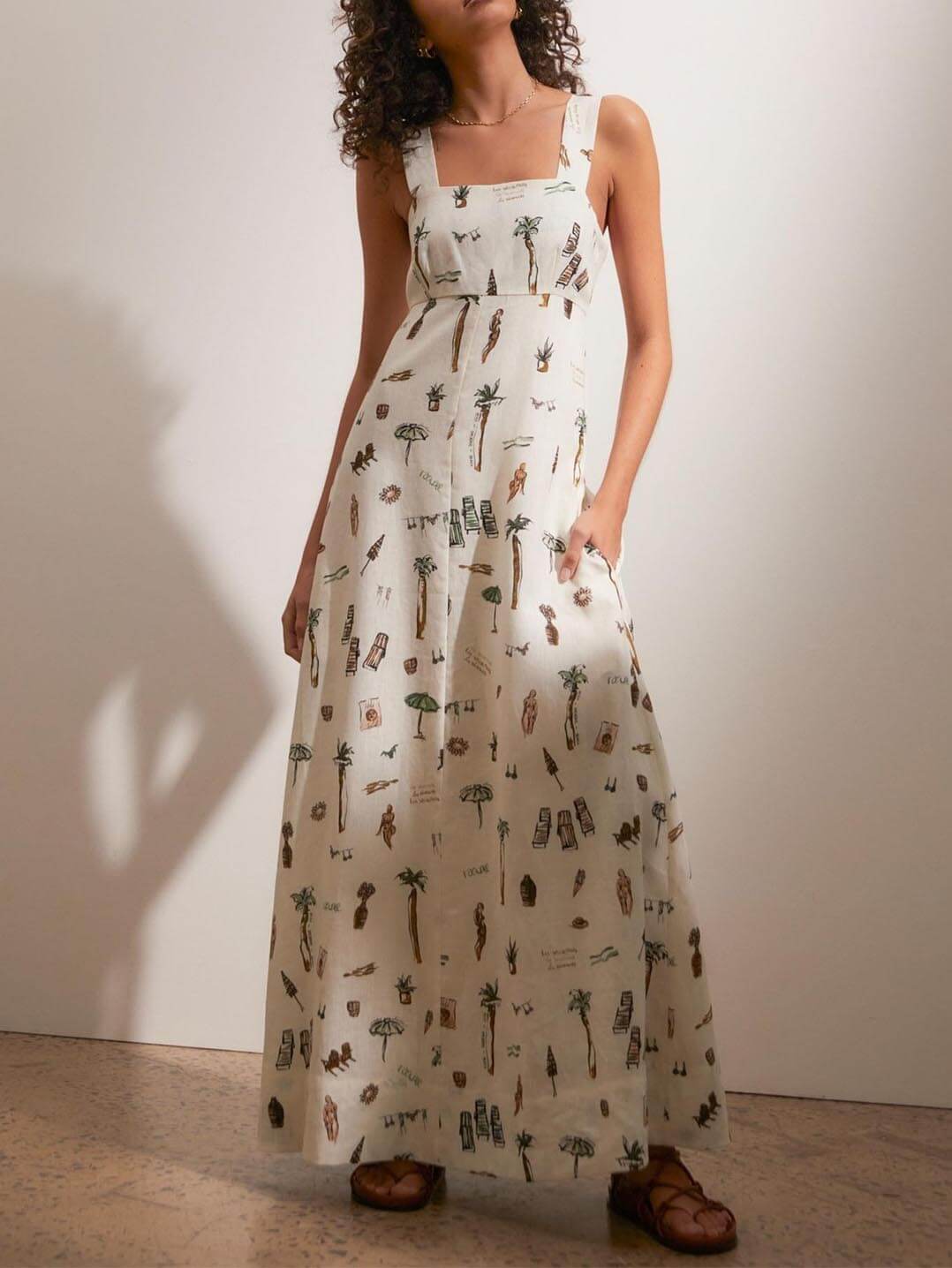 Beach Print Square Neck Pocket A-Line Maxi Dress 4