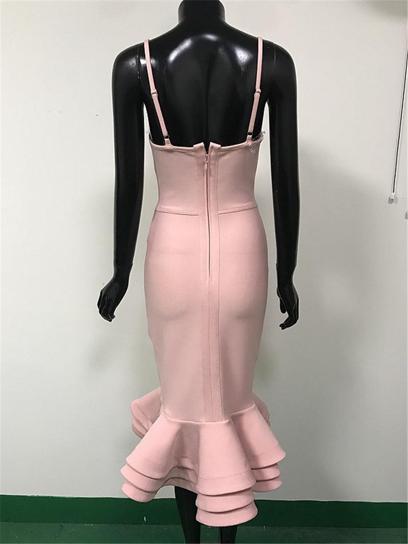 V-Neck Spaghetti Strap Ruffle Hem Mermaid Midi Dress