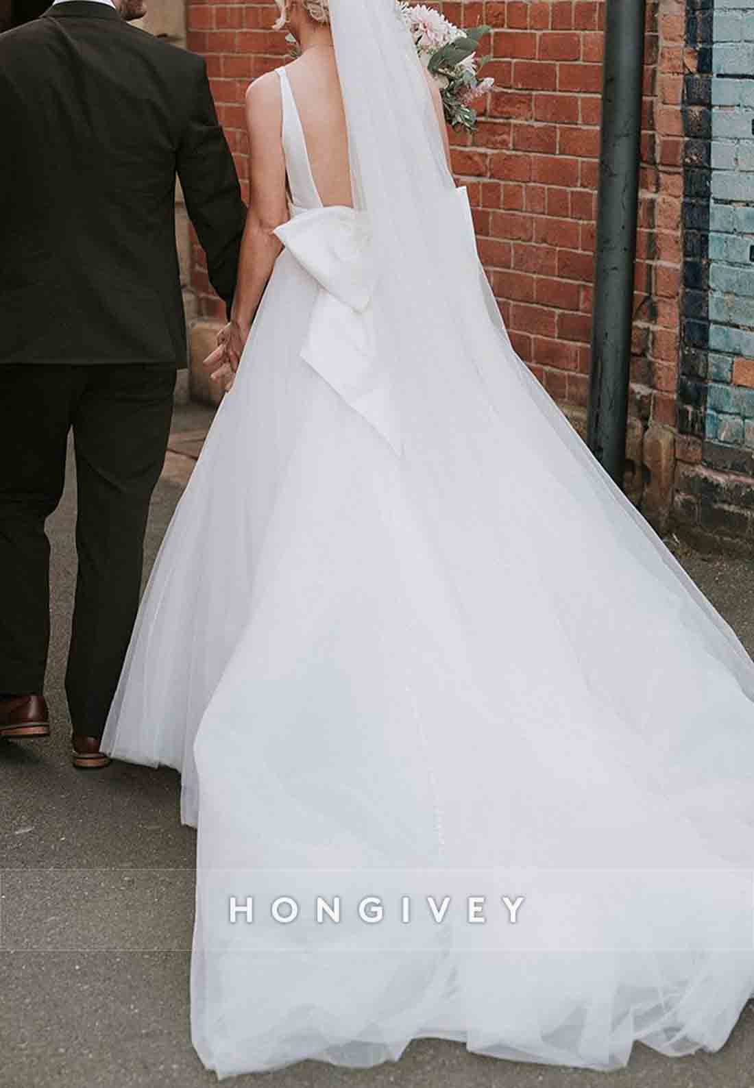 Bowknot Low Back A-line V-Neck Pleated Regular Straps Beach Wedding Dresses