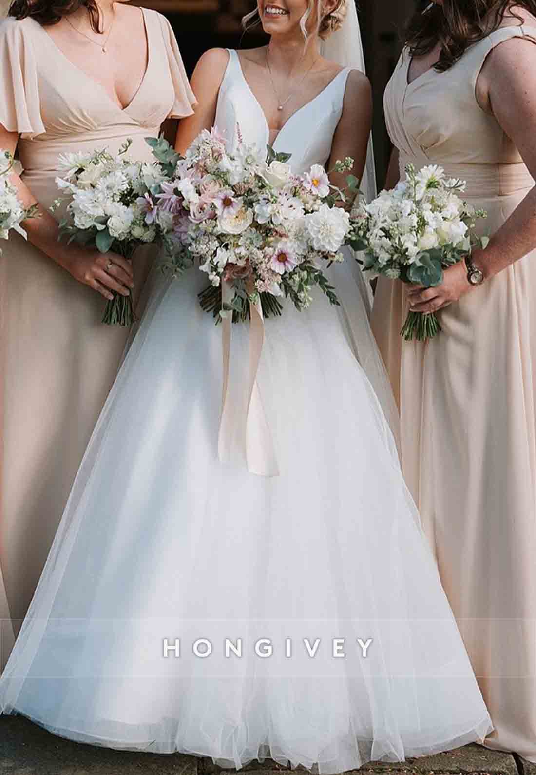 Bowknot Low Back A-line V-Neck Pleated Regular Straps Beach Wedding Dresses