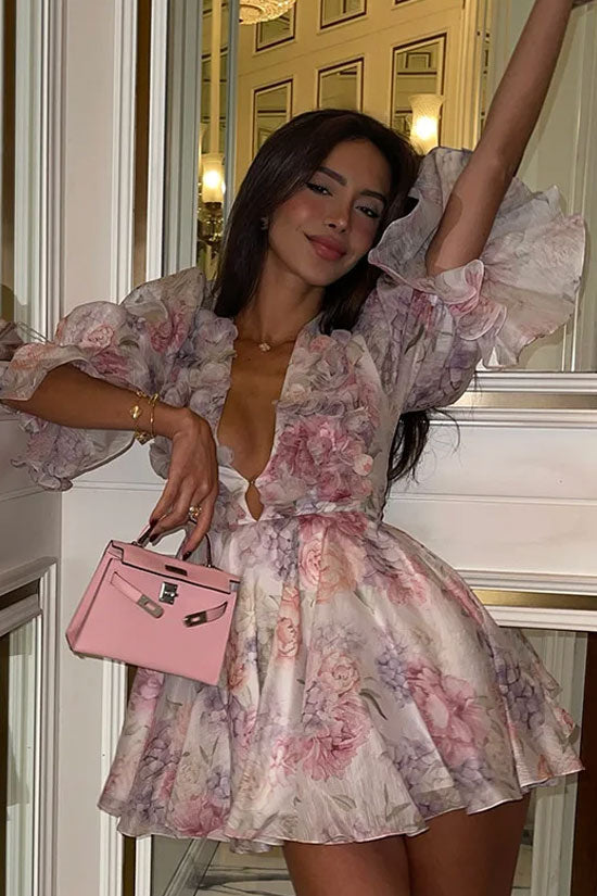 Romantic 3D Flower Printed Deep V Neck Puff Sleeve Party Mini Dress