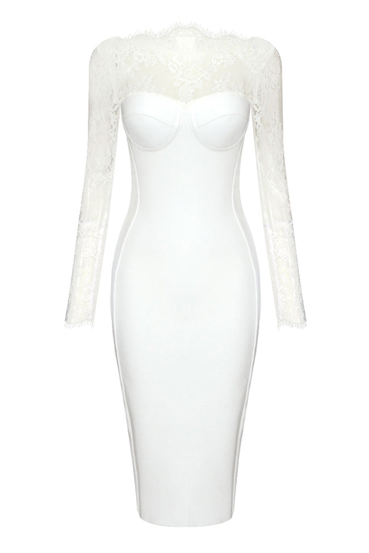 Romantic Eyelash Boat Neck Sheer Lace Bandage Backless Cocktail Midi Dress - Fashionpara