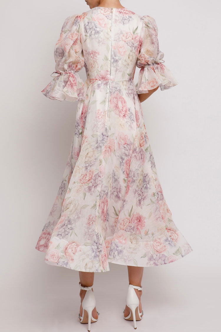 Romantic Floral Deep V Puff Sleeve Fit & Flare Summer Vacation Midi Dress