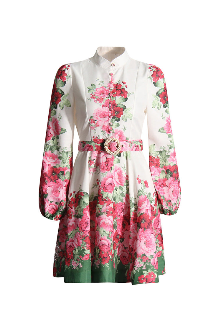Romantic Floral Mandarin Collar Belted Blouson Sleeve Beach Vacation Mini Dress - Fashionpara