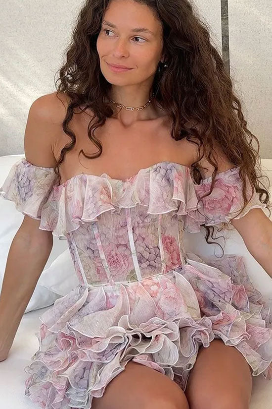 Romantic Floral Print Ruffle Off Shoulder Tiered Corset Party Mini Dress