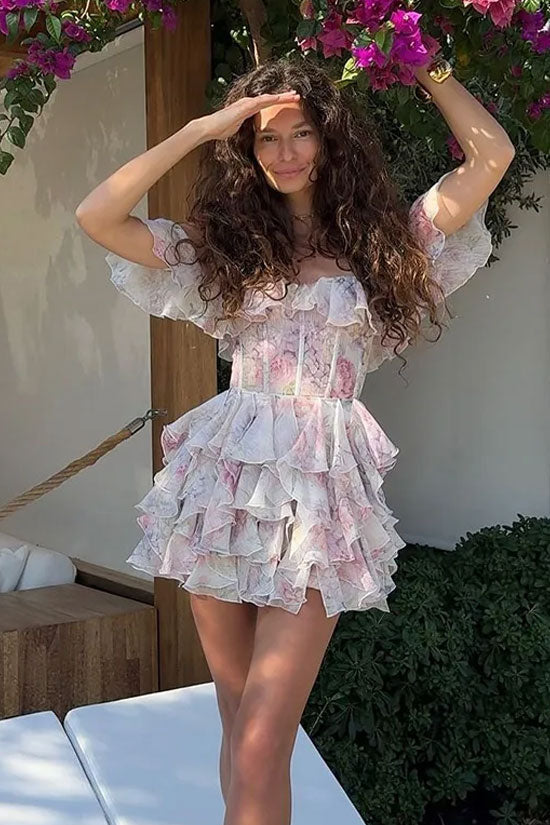 Romantic Floral Print Ruffle Off Shoulder Tiered Corset Party Mini Dress