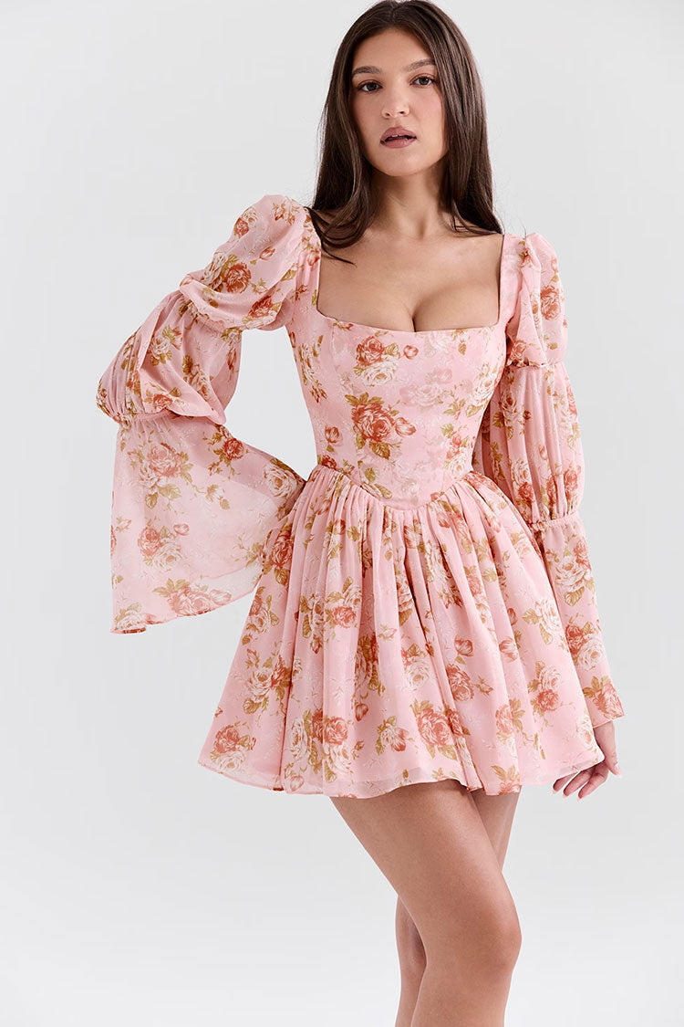 Romantic Floral Square Neck Puff Sleeve Drop Waist Chiffon Party Mini Dress - Fashionpara