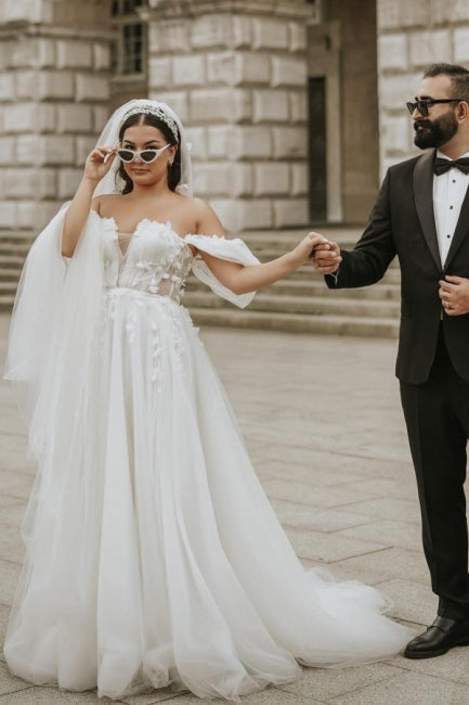 Romantic Off-the-Shoulder Cap Sleeve A-Line Tulle Wedding Dress - Fashionpara