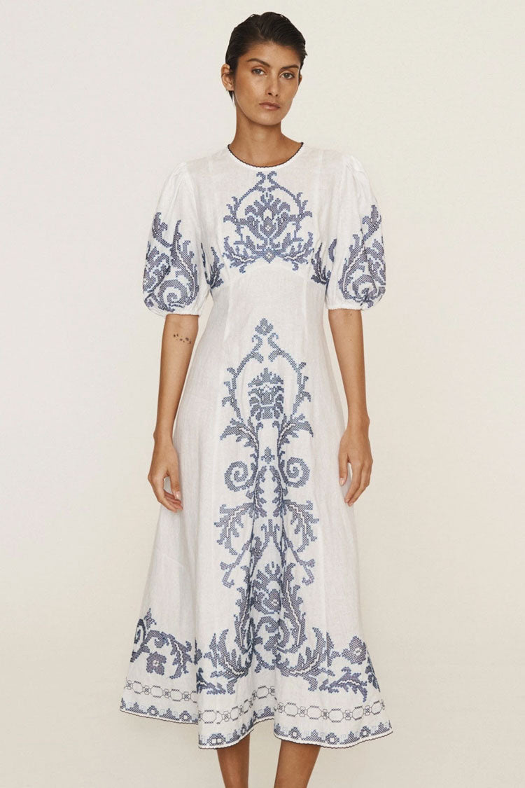 Romantic Printed Crew Neck Puff Sleeve Empire Waist Vacation Midi Dress