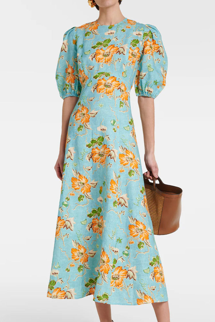 Romantic Printed Crew Neck Puff Sleeve Empire Waist Vacation Midi Dress
