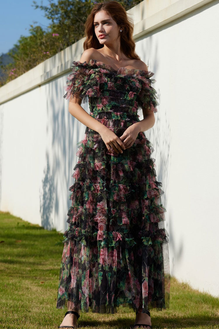 Floral Tulle Off Shoulder Ruffle Tiered Maxi Dress