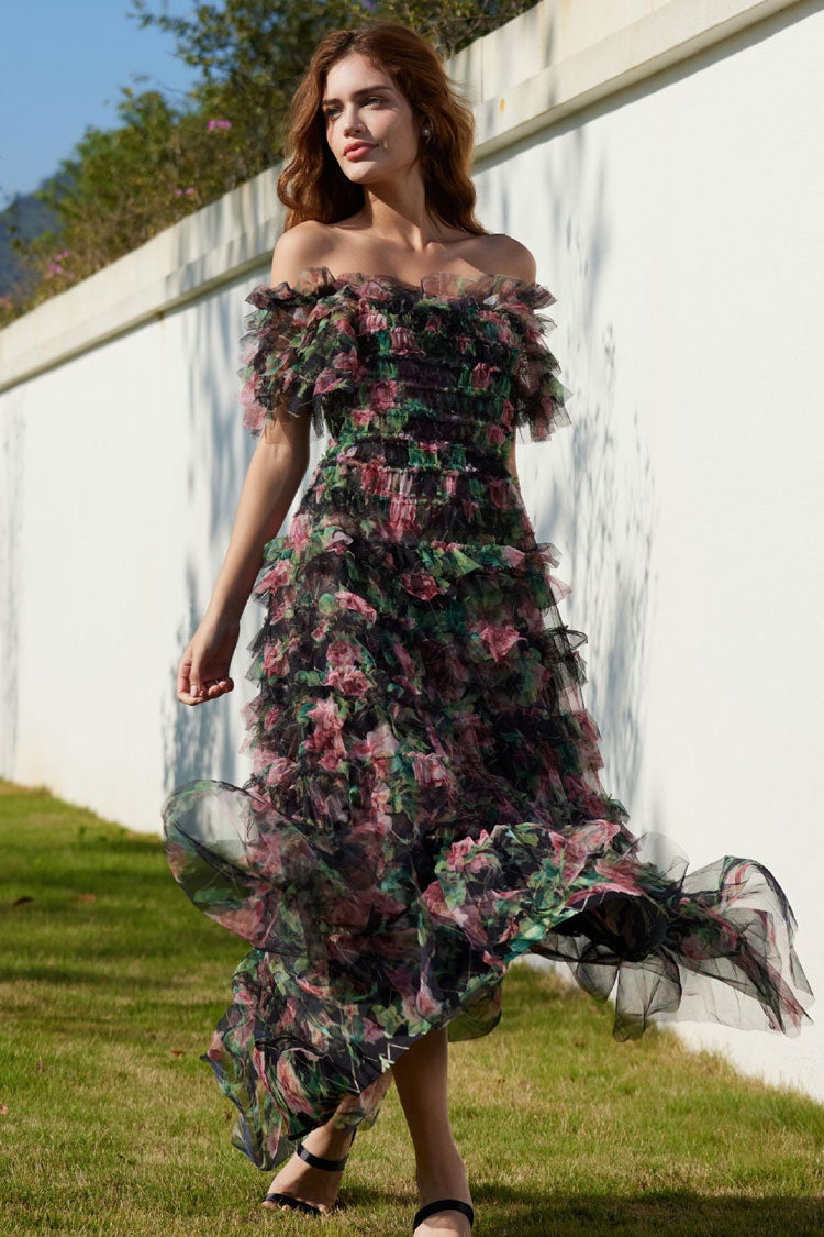 Romantic Ruffle Off Shoulder Floral Printed Tulle Evening Maxi Dress - Black  Fashionpara