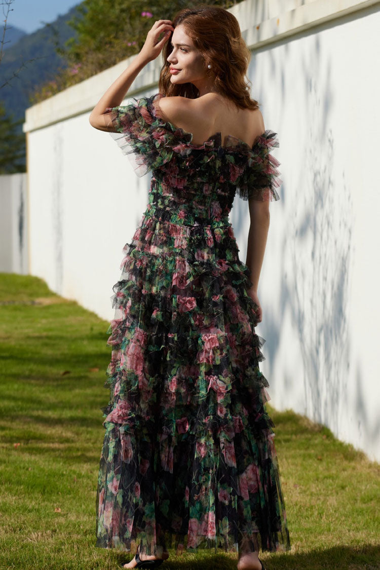 Romantic Ruffle Off Shoulder Floral Printed Tulle Evening Maxi Dress - Black  Fashionpara