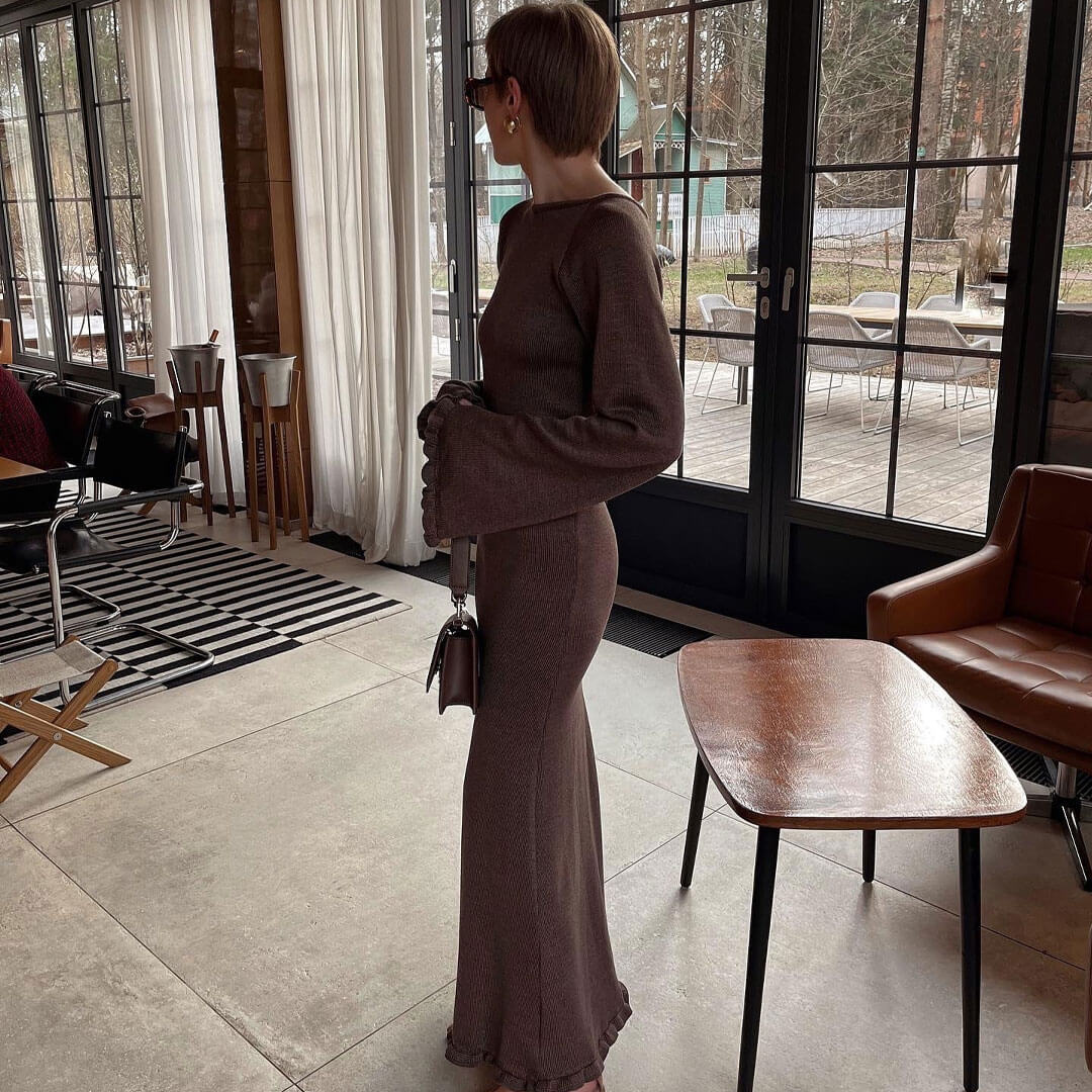 Trendy & Unique Scoop Neck Long Sleeve Ruffle Maxi Dress