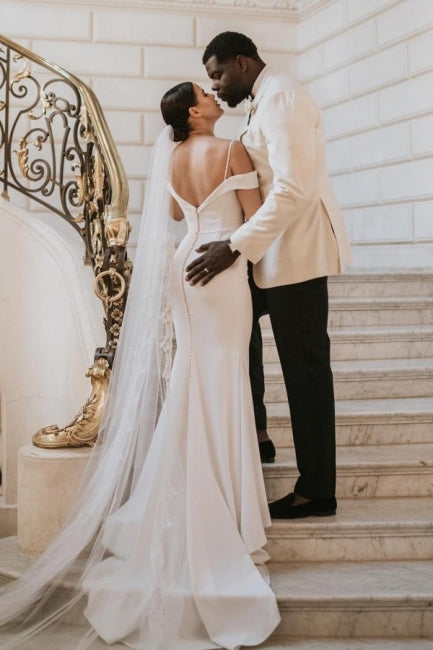 Romantic Spaghetti Strap Cap Sleeve Mermaid Satin Wedding Gown - Fashionpara