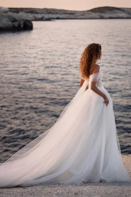 Romantic Spaghetti Straps Cap Sleeves A-Line Lace Wedding Dress - Fashionpara