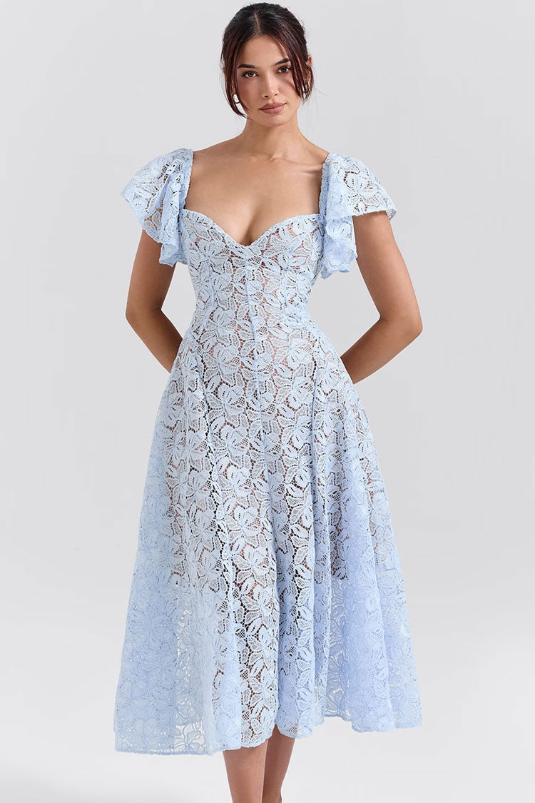 Romantic Sweetheart Butterfly Sleeve Guipure Lace A Line Cocktail Midi Dress - Fashionpara