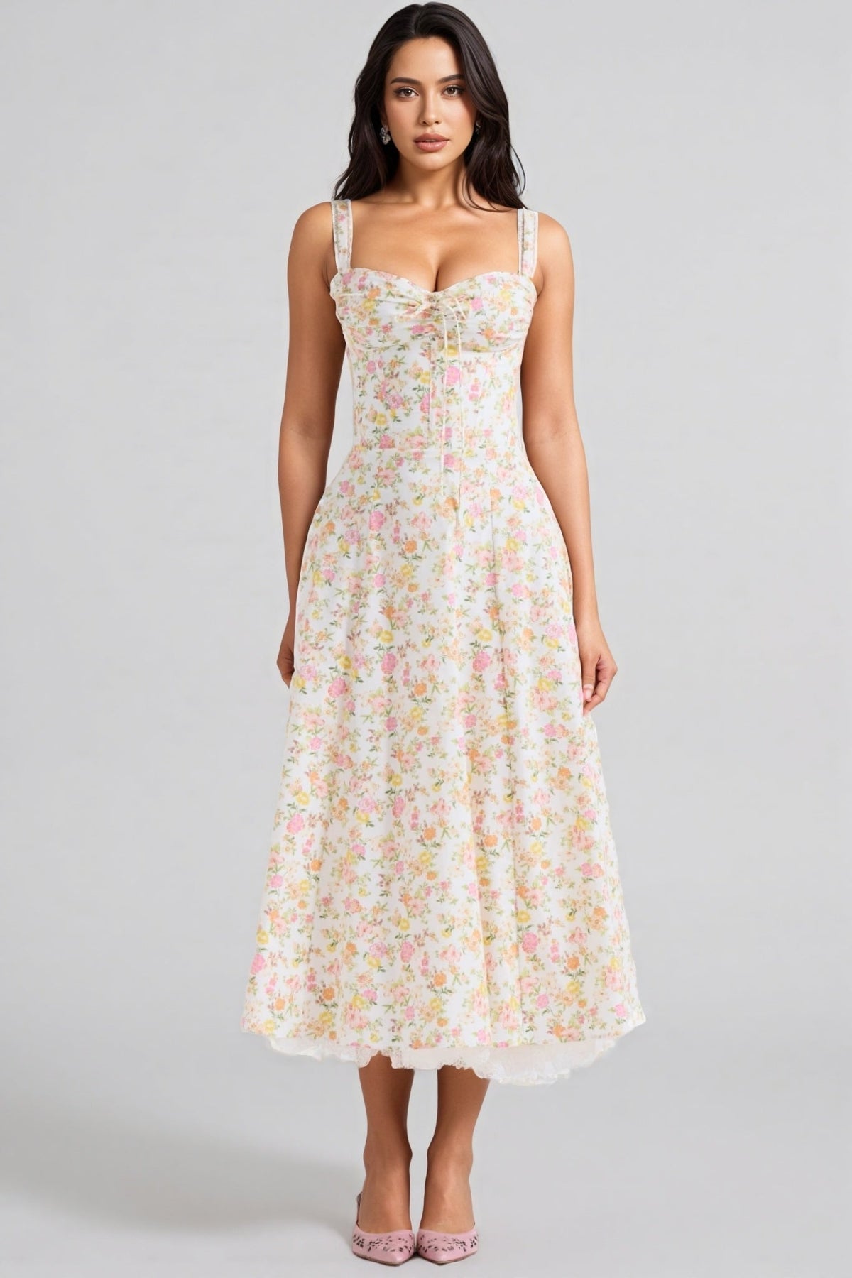 Floral Print Sweetheart Tie Front Spaghetti Strap Midi Dress