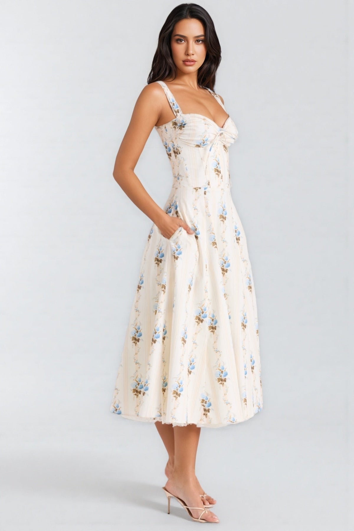 Floral Sweetheart Corset Fit and Flare Bubble Hem Midi Dress