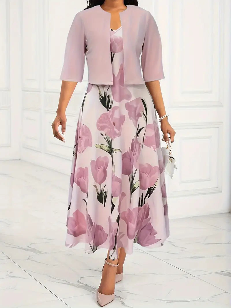 Open Front Jacket and Floral A-Line Midi Dress Two Piece Set