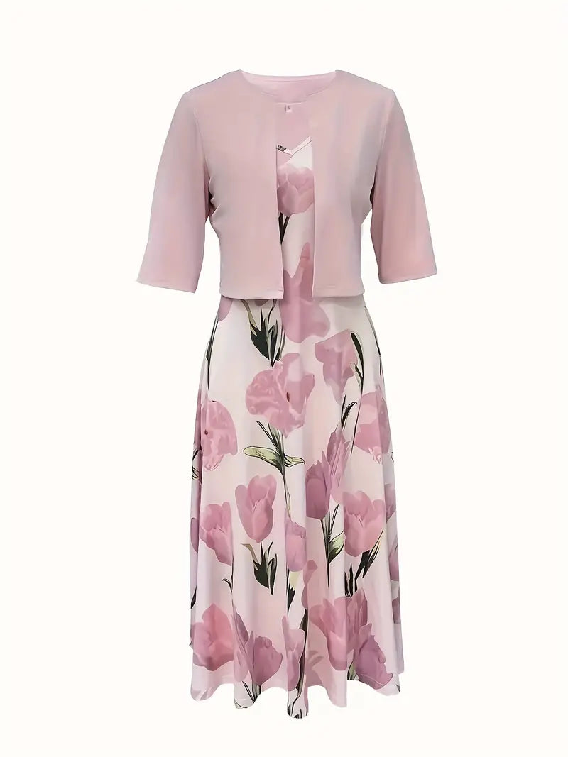 Open Front Jacket and Floral A-Line Midi Dress Two Piece Set 2