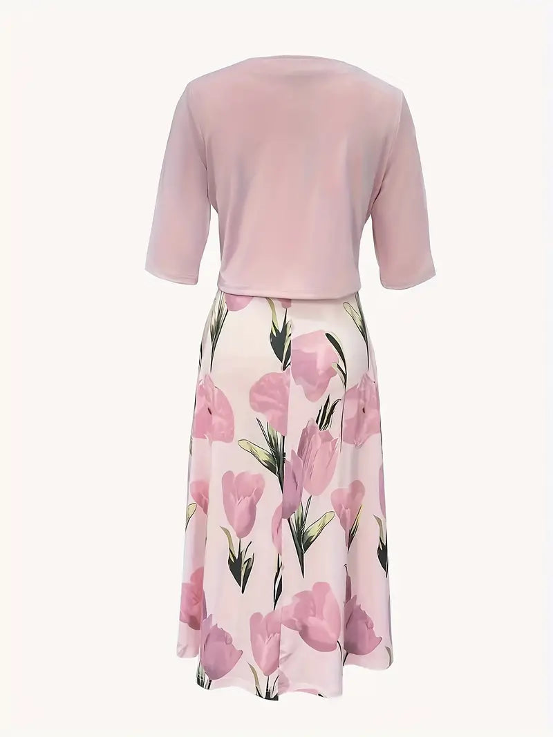 Open Front Jacket and Floral A-Line Midi Dress Two Piece Set 3