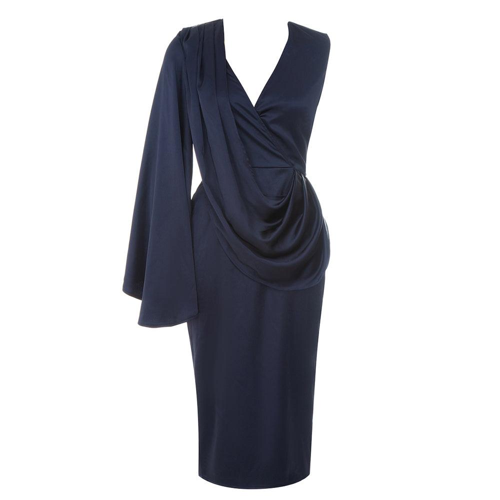 Satin Wrap Draped Asymmetric Sleeve Midi Dress